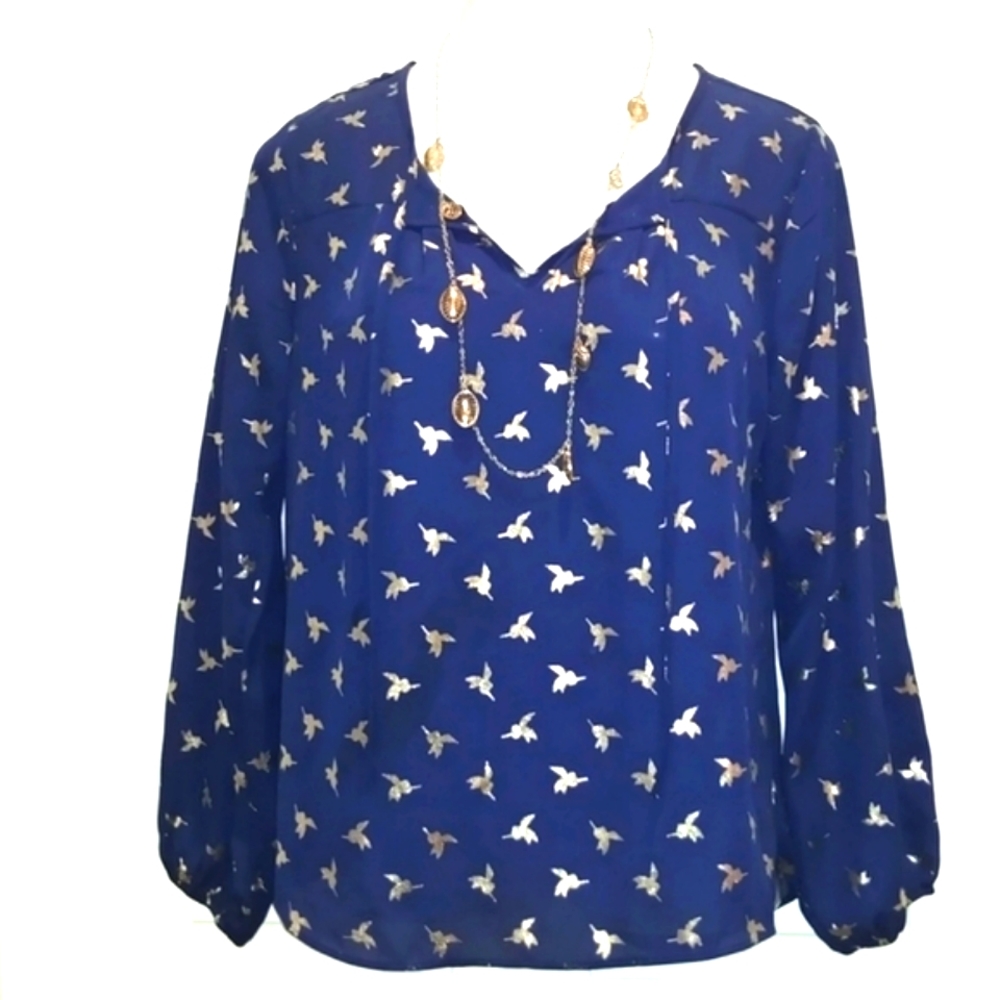 Humming bird longsleeve navy metallic flowy blouse Jennie & Marlis fits medium